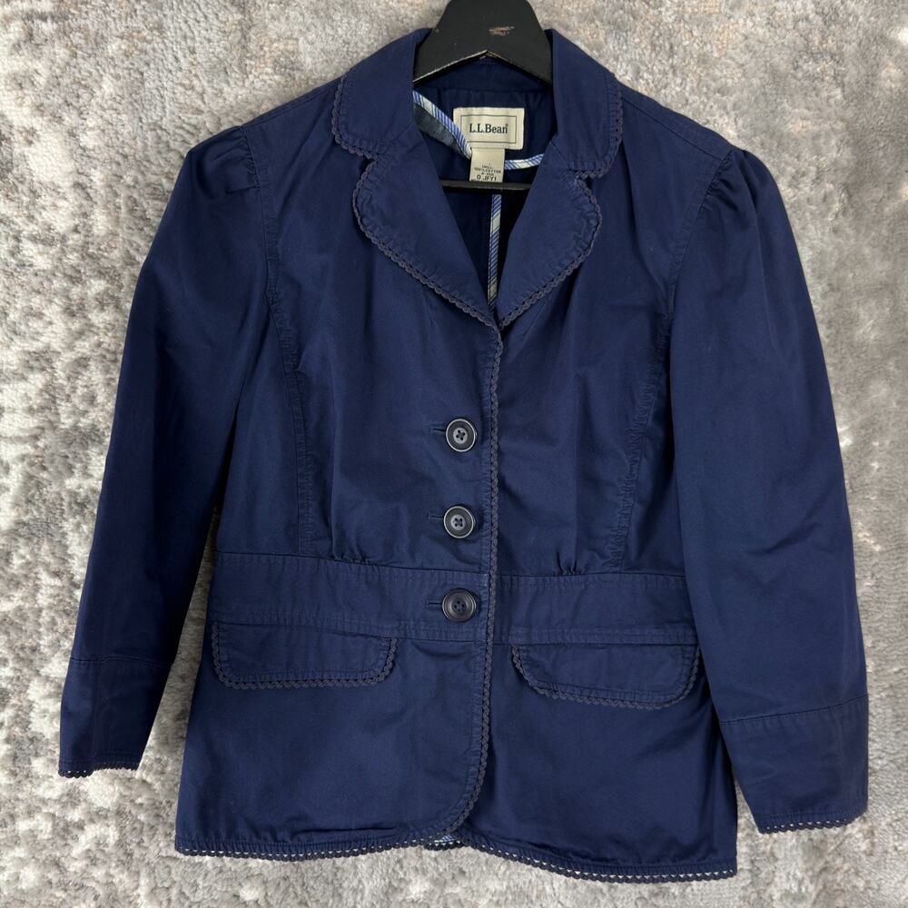 LL Bean Size 0 Career Notched Blazer Jacket Navy Button Long‎ Sleeve